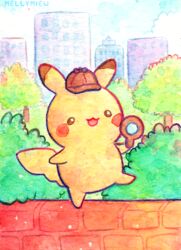  :3 :d animal_focus artist_name bisquii building bush chibi cityscape clothed_pokemon colorful day detective detective_pikachu detective_pikachu_(character) english_commentary full_body hat holding holding_magnifying_glass magnifying_glass no_humans open_mouth outdoors painting_(medium) pikachu pokemon pokemon_(creature) sky smile solo standing standing_on_one_leg traditional_media tree watercolor_(medium) 