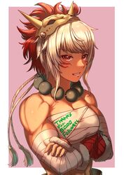  aduti_momoyama bandaged_arm bandages bandeau bare_shoulders bead_necklace beads border chest_sarashi clothes_writing commentary_request crossed_arms facial_mark female fire_emblem fire_emblem_fates grin highres jewelry looking_at_viewer mask mask_on_head milestone_celebration muscular muscular_female necklace outside_border pink_background red_eyes rinkah_(fire_emblem) sarashi short_hair simple_background smile solo strapless tube_top upper_body whisker_markings white_border white_hair 