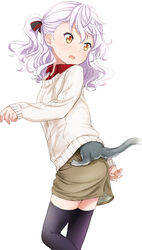  abe_kanari animal animal_in_clothes black_legwear brown_eyes cowboy_shot feline female high_school_fleet highres long_sleeves looking_back medium_hair one_side_up ribbed_sweater skirt sweatdrop sweater tamonmaru_(haifuri) thea_kreutzer thighhighs wavy_hair white_background white_hair 