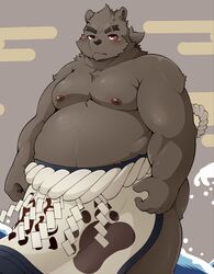  2020 anthro bear belly blush brown_body brown_fur fur hi_res humanoid_hands kemono male mammal moobs nipples overweight overweight_anthro overweight_male pomupomu490 scar solo sumo 