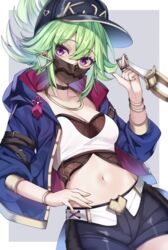  akali akali_(cosplay) baseball_cap black_choker black_hat black_shorts breasts choker cleavage commentary cosplay cowboy_shot earrings female genshin_impact green_hair hand_up hat highres index_finger_raised jacket jewelry k/da_(league_of_legends) k/da_akali kuki_shinobu league_of_legends looking_at_viewer mask medium_breasts mellow_kaede midriff mouth_mask navel open_clothes open_jacket ponytail purple_eyes short_shorts shorts sidelocks solo standing stomach strapless tube_top white_jacket 