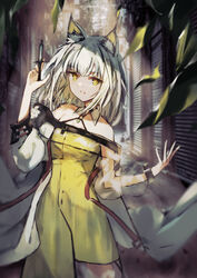  absurdres animal_ear_fluff animal_ears arknights bare_shoulders black_choker cat_ears cat_girl choker collarbone commentary_request dress female green_dress green_eyes green_hair highres holding holding_syringe k_futoshi_0n0 kal&#039;tsit_(arknights) long_hair material_growth off_shoulder oripathy_lesion_(arknights) see-through solo syringe 