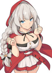  alternate_breast_size black_bow black_ribbon blue_eyes blush bow braid braided_ponytail breasts buttons cloak closed_mouth dress fate/grand_order fate_(series) female grey_hair hairbow hands_up hood hood_up hooded_cloak large_breasts long_hair looking_at_viewer marie_antoinette_(fate) marie_antoinette_(festival_outfit)_(fate) neck_ribbon official_alternate_costume red_cloak red_dress ribbon shiseki_hirame simple_background smile two-tone_bow very_long_hair white_background white_bow 