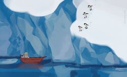  1boy aged_down antarctica artist_name bird blonde_hair boat coat commentary feleven highres iceberg long_sleeves looking_up male_focus nature one_piece outdoors penguin solo water watercraft 