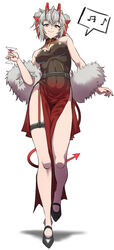  absurdres antennae arknights bare_shoulders belt black_belt breasts commentary double_bun dress english_commentary feather_boa female full_body grey_hair grin hair_bun highres horns looking_at_viewer medium_breasts official_alternate_costume orange_eyes samacho short_hair sleeveless sleeveless_dress smile solo standing tail thigh_strap thighs w_(arknights) 