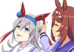  2girls animal_ears blue_eyes brown_hair closed_eyes closed_mouth ear_cleaning ear_covers grey_hair highres horse_ears horse_girl long_hair long_sleeves misumi_(niku-kyu) multicolored_hair multiple_girls open_mouth purple_sailor_collar sailor_collar school_uniform simple_background smile super_creek_(umamusume) tamamo_cross_(umamusume) toothbrush tracen_school_uniform trembling two-tone_hair umamusume white_background white_hair white_sailor_collar 