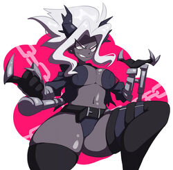  armband belt belt_buckle black_jacket black_shorts black_thighhighs blush breasts buckle chains clawed_gauntlets colored_skin dark-skinned_female dark_skin demon_girl demon_horns evil_smile female gauntlets grey_skin hair_intakes helltaker horns jacket judgement_(helltaker) large_breasts long_hair long_sleeves looking_down micro_shorts navel pacha_(pachastuff) pointy_ears ponytail protected_link shorts smile solo teeth thighhighs v-shaped_eyebrows white_eyes white_hair 