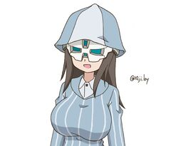  10_ji_lay :d blue_headwear blue_shirt breasts brown_hair cosplay dress_shirt female girls_und_panzer gundam gundam_suisei_no_majo helmet keizoku_school_uniform large_breasts long_hair mika_(girls_und_panzer) noto_mamiko prospera_mercury prospera_mercury_(cosplay) school_uniform shirt simple_background smile solo striped_clothes striped_shirt tulip_hat twitter_username vertical-striped_clothes vertical-striped_shirt voice_actor_connection white_background white_shirt wing_collar 