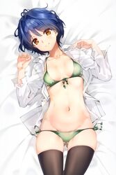  22/7 bad_id bad_pixiv_id blue_hair bra brown_eyes chinese_commentary closed_mouth collarbone collared_shirt commentary_request cowboy_shot female green_bra green_panties looking_at_viewer lying moha navel on_back open_clothes panties photoshop_(medium) shirt short_hair smile solo takigawa_miu underwear 