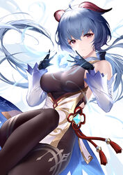  ahoge an_yasuri banned_artist bare_shoulders black_gloves blue_hair breasts brown_legwear brown_leotard detached_sleeves female floating_hair ganyu_(genshin_impact) genshin_impact gloves goat_horns gold_trim highres horns knee_up leotard long_hair long_sleeves looking_at_viewer low_ponytail medium_breasts orb pantyhose parted_lips pelvic_curtain red_eyes solo vision_(genshin_impact) waist_cape 