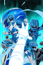  4boys absurdres blue_bodysuit blue_dress blue_footwear blue_ranger blue_wind_ranger bodysuit boom!_studios boots character_request clenched_hands comic_cover cover cover_page dan_mora dress english_commentary female fighting_stance gloves helmet highres horns hyperforce_blue_ranger jungle_fury_blue_ranger looking_to_the_side mighty_morphin_power_rangers multiple_boys official_art open_hand power_rangers power_rangers_hyperforce power_rangers_jungle_fury power_rangers_ninja_storm single_horn tokusatsu western_comics_(style) white_gloves 