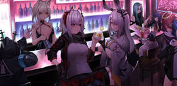  2boys 6+girls absurdres alcohol alternate_costume animal_ears arknights bar_(place) bartender bird bottle celery ch&#039;en_(arknights) cocktail cocktail_dress cocktail_shaker cup demon_horns doctor_(arknights) dragon_horns dress drinking_glass emperor_(arknights) emperor_penguin energy_wings exusiai_(arknights) frostnova_(arknights) gloves grabbing halo highres hood horns hoshiguma_(arknights) hug hug_from_behind iku!_iku!! kal&#039;tsit_(arknights) material_growth mostima_(arknights) multiple_boys multiple_girls object_through_head oripathy_lesion_(arknights) penguin rabbit_ears single_horn skin-covered_horns smile syringe syringe_in_head w_(arknights) wine wine_bottle wine_glass 