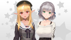  2girls black_choker blonde_hair blush breasts choker collarbone dark_elf elf esuki eyelashes grey_background grey_hair highres hololive large_breasts long_hair looking_at_viewer multiple_girls official_alternate_costume pendant_choker pointy_ears shiranui_flare shiranui_flare_(street) shirogane_noel shirogane_noel_(casual) short_hair smile star_(symbol) upper_body virtual_youtuber 