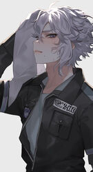  1boy agenasumiso51 azul_ashengrotto blue_eyes highres looking_at_viewer male_focus mole mole_under_mouth night_raven_college_gym_uniform shirt sidelocks simple_background solo sportswear sweat towel towel_on_head twisted_wonderland upper_body white_hair white_shirt 