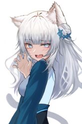  absurdres animal_ear_fluff animal_ears blue_eyes blue_flower blue_nails blush breasts cat_ears cat_tail chinese_clothes claw_pose commentary commission commissioner_upload english_commentary female flower hair_bun hair_flower hair_ornament hand_up highres indie_virtual_youtuber kei8987 long_hair long_sleeves looking_at_viewer looking_back medium_breasts nail_polish oerba_yun_fang open_mouth sash shei_(vtuber) simple_background single_hair_bun skeb_commission solo tail teeth tsurime virtual_youtuber white_background white_hair 