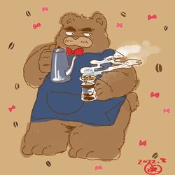  1:1 2022 anthro apron bear beverage bow_tie brown_body clothing coffee hi_res kemono kumalino male mammal nishiorkita roast_(kumalino) sanrio solo 