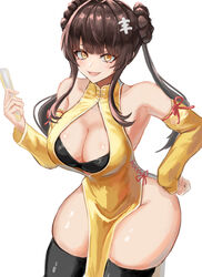  :d bare_shoulders black_thighhighs breasts brown_hair character_request china_dress chinese_clothes cleavage commentary_request copyright_request detached_sleeves double_bun dress female folding_fan hair_bun hair_intakes hand_fan holding holding_fan large_breasts long_hair long_sleeves looking_at_viewer moppo open_mouth pelvic_curtain simple_background skindentation sleeveless sleeveless_dress smile solo thighhighs thighs white_background yellow_dress yellow_eyes 