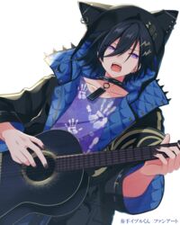  1boy animal_hood black_hair black_nails collar collarbone commentary_request guitar hair_between_eyes handprint holding holding_instrument holostars hood hood_up hoodie instrument kanade_izuru looking_at_viewer male_focus music nail_polish nyokkiiiiin o-ring open_mouth playing_instrument purple_eyes singing solo spiked_collar spikes standing translated upper_body virtual_youtuber white_background 