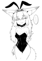  ... animal_ear_fluff animal_ears breasts closed_eyes collarbone commentary_request cowboy_shot fake_animal_ears female fox_ears fox_girl fox_shadow_puppet fox_tail greyscale hair_between_eyes highres large_breasts leotard long_hair monochrome oerba_yun_fang original playboy_bunny rabbit_ears sakifox smile solo spoken_ellipsis strapless strapless_leotard sweatdrop tail wrist_cuffs 