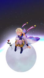  1boy blonde_hair boots closed_eyes coat fate/grand_order fate/requiem fate_(series) flower highres le_petit_prince look-alike male_focus on_mini_planet photoshop_(medium) planet red_flower red_rose redtaiga rose scarf shorts sitting sky smile space star_(sky) star_(symbol) starry_sky voyager_(fate) voyager_(second_ascension)_(fate) yellow_scarf 