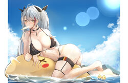  absurdres antenna_hair ass azur_lane bikini bird black_bikini black_choker black_ribbon blue_sky blush breasts brown_eyes chick choker collarbone cross cross_earrings day earrings female flag_print food german_flag_bikini grey_hair hair_ribbon highres iron_cross jewelry large_breasts legs lens_flare long_hair looking_at_viewer manjuu_(azur_lane) mole mole_on_breast mouth_hold multicolored_hair navel official_alternate_costume popsicle prinz_eugen_(azur_lane) prinz_eugen_(unfading_smile)_(azur_lane) ribbon sideboob sky solo stomach streaked_hair sunlight swimsuit thigh_strap two_side_up underboob water yusha_m 