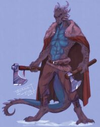  2023 anthro axe belt black_body black_scales bottomwear cloak clothed clothing digital_media_(artwork) dragon european_mythology fur hi_res horn looking_at_viewer male medieval medieval_clothing melee_weapon muscular mythological_creature mythological_scalie mythology open_mouth pants pink_eyes scales scalie simple_background smile solo spikes standing tail tattoo teeth topless viking wanderertamplior weapon western_dragon wingless_dragon 