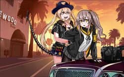  2girls 404_logo_(girls&#039;_frontline) armband arrest car cognoscenti_(grand_theft_auto) commentary_request demon_horns english_text girls&#039;_frontline grand_theft_auto grand_theft_auto_v hat horns korean_commentary m870_(girls&#039;_frontline) mechanical_tail motor_vehicle multiple_girls outdoors pantyhose parody police police_car police_hat police_uniform policewoman rifnets_(dtiko) scar scar_across_eye scar_on_face tail ump45_(girls&#039;_frontline) uniform yellow_armband 