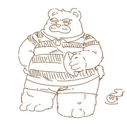  1:1 2022 anthro ball bear bottomwear clothing container cup hi_res kemono kumalino male mammal monochrome nishiorkita overweight overweight_male roast_(kumalino) rugby rugby_ball rugby_uniform sanrio shirt shorts solo topwear 