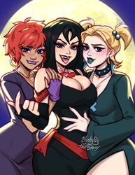  3girls black_hair blonde_hair blushyspicy breasts choker cleavage commentary cross cross_necklace dark-skinned_female dark_skin dress dusk_(scooby-doo) earrings english_commentary fangs full_moon halloween_costume hex_girls highres jewelry large_breasts lipstick long_hair luna_(scooby-doo) makeup medium_breasts moon multiple_girls necklace night open_mouth purple_lips scooby-doo scooby-doo_and_the_witch&#039;s_ghost short_twintails smile thorn_(scooby-doo) tongue tongue_out twintails 