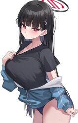  adjusting_shirt asashin_(asn) black_hair black_shirt blue_archive blue_buruma blush breasts bright_pupils buruma collarbone female hair_ornament hairclip halo highres jacket large_breasts long_hair looking_at_viewer off_shoulder partially_unzipped red_eyes rio_(blue_archive) shirt simple_background solo sweat t-shirt track_jacket very_long_hair white_background white_pupils 