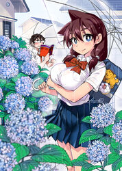  1boy amano_megumi amano_megumi_wa_suki_darake! artist_name bag blue_bag blue_eyes blue_flower blue_skirt blush book bow bowtie breasts brown_hair closed_mouth female flower hair_between_eyes hair_over_shoulder holding holding_book holding_umbrella hydrangea large_breasts long_hair looking_at_viewer mascot nekoguchi official_art outdoors pleated_skirt rain red_bow red_bowtie school school_bag shindou_manabu shirt short_sleeves signature skirt smile standing umbrella wet wet_clothes wet_shirt white_shirt 