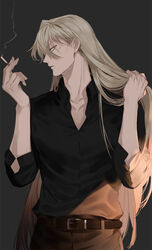  1boy belt belt_buckle between_fingers black_background black_shirt blonde_hair brown_belt brown_pants buckle cigarette collarbone collared_shirt commentary_request gin_(meitantei_conan) green_eyes hair_between_eyes hand_in_own_hair hands_up holding holding_cigarette kanamura_ren long_hair looking_at_viewer male_focus meitantei_conan pants parted_lips shirt shirt_tucked_in sideways_glance simple_background smoke solo standing very_long_hair 