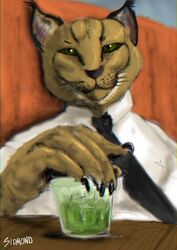  absinthe_(drink) alcohol anthro beverage business_attire businesswear claws felid feline fur green_eyes looking_at_viewer lynx male mammal necktie sidmond solo 