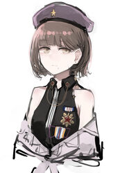  beret brown_eyes brown_hair female girls&#039;_frontline hat jacket medal military_hat mole mole_under_mouth off_shoulder rampart1028 shirt short_hair sleeveless sleeveless_shirt tied_shirt type_92_(girls&#039;_frontline) upper_body 