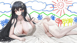  absurdres ahoge anya&#039;s_heh_face_(meme) anya_(spy_x_family) armlet azur_lane bed_sheet black_hair blush breasts child&#039;s_drawing cleavage dress earrings english_commentary feet_out_of_frame female garter_straps groin hair_between_eyes hair_ornament hand_on_own_hip highres jewelry large_breasts long_hair lying meme necklace official_alternate_costume on_side panties parted_lips piukute062 plunging_neckline red_eyes ring side_ponytail signature skindentation solo spy_x_family straight_hair taihou_(azur_lane) taihou_(temptation_on_the_sea_breeze)_(azur_lane) thighhighs thighs underwear very_long_hair wedding_dress wedding_ring white_dress white_panties white_thighhighs 