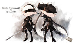  2b_(nier:automata) 2b_(nier:automata)_(cosplay) 2girls artist_name black_dress black_footwear black_gloves black_hair black_hairband blindfold boots breasts callie_(splatoon) cleavage_cutout closed_mouth clothing_cutout commentary copyright_name cosplay coula_cat cousins covered_eyes dress facing_viewer gloves gradient_hair grey_hair hairband high_heel_boots high_heels highres holding holding_sword holding_weapon inkling light_frown long_hair long_sleeves marie_(splatoon) medium_breasts medium_dress medium_hair mole mole_under_eye multicolored_hair multiple_girls nier:automata nier_(series) parted_lips pointy_ears side-by-side side_slit signature smoke splatoon_(series) standing sword tentacle_hair thigh_boots thigh_strap thighhighs tied_hair very_long_hair weapon white_background white_hair 