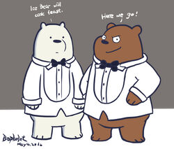  2016 anthro bear biped black_nose bow_tie brown_bear brown_body cartoon_network clothed clothing dialogue dot_eyes duo grizzly_(we_bare_bears) grizzly_bear ice_bear_(we_bare_bears) kemono mammal mtflying30371 polar_bear simple_background ursine we_bare_bears white_body 