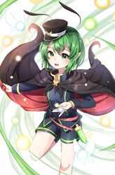  ametama_(runarunaruta5656) androgynous animal_print antennae black_cape black_hat blue_shorts bug butterfly butterfly_print cape cape_hold danmaku feet_out_of_frame female flat_chest floating_cape glowing green_eyes green_hair hands_up hat highres knee_up leg_up light_blush long_sleeves looking_at_viewer mary_janes military military_uniform open_mouth pointy_ears red_cape shoes short_hair shorts smile solo teeth tomboy touhou two-sided_cape two-sided_fabric uniform upper_teeth_only very_short_hair white_background white_butterfly wriggle_nightbug 