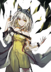  animal_ear_fluff animal_ears arknights bare_shoulders black_choker cat_ears cat_girl choker collarbone commentary_request dress female green_dress green_eyes green_hair highres holding holding_syringe k_futoshi_0n0 kal&#039;tsit_(arknights) long_hair material_growth off_shoulder oripathy_lesion_(arknights) see-through solo syringe white_background 