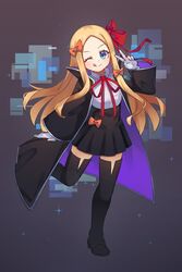  abigail_williams_(fate) bb_(fate) bb_(fate/extra) bb_(fate/extra)_(cosplay) black_coat black_skirt black_thighhighs blonde_hair blue_eyes blush bow breasts coat collared_shirt cosplay fate/extra fate/extra_ccc fate/grand_order fate_(series) female forehead full_body gloves hairbow high-waist_skirt highres long_hair long_sleeves looking_at_viewer miya_(miyaruta) neck_ribbon one_eye_closed open_clothes open_coat orange_bow parted_bangs popped_collar ribbon shirt skirt small_breasts smile solo thighhighs tongue tongue_out v white_gloves white_shirt wide_sleeves 