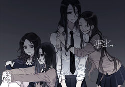  4girls ^_^ black_eyes black_hair cardigan_vest closed_eyes creepypasta glasgow_smile hair_between_eyes hasshaku-sama hug kuchisake-onna long_hair long_hair_between_eyes long_sleeves looking_at_viewer looking_to_the_side multiple_girls necktie psd_(psdgai) saeki_kayako school_uniform seiza short_hair sitting skirt sleeves_rolled_up smile the_grudge the_ring trait_connection very_long_hair white_eyes yamamura_sadako 