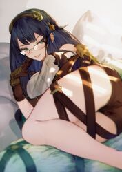  bad_id bad_twitter_id bare_shoulders black_hair black_shorts blush breasts ear_piercing female glasses gloves granblue_fantasy green_eyes hairband highres illnott_(granblue_fantasy) lying nido_celisius piercing pillow short_shorts shorts smirk solo 