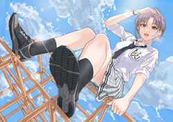  :d absurdres arm_up asakura_toru bad_id bad_pixiv_id black_footwear black_necktie blue_eyes blue_skirt blue_sky breast_pocket cloud collar day female from_below hachisu_lotus hand_on_railing highres idolmaster idolmaster_shiny_colors initial jungle_gym looking_at_viewer multicolored_hair necktie open_mouth outdoors parted_bangs pen plaid plaid_skirt pleated_skirt pocket school_uniform shading_eyes shirt shoes short_hair sitting skirt sky sleeves_rolled_up smile sneakers solo sun two-tone_hair white_collar white_shirt wristband 