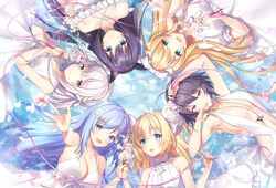  6+girls :d :p animal_ear_fluff animal_ears arm_up bad_id bad_pixiv_id bare_arms bare_shoulders black_hair blonde_hair blue_eyes blue_hair breasts circle_formation closed_mouth collarbone collared_dress commentary_request criss-cross_halter dress ekouji_ruri emori_el emori_miku emu_alice ezuki_luna flower green_eyes hair_between_eyes halterneck holding holding_flower holding_hands interlocked_fingers kagachi_saku liver_city long_hair lying medium_breasts mitsuya_nier multiple_girls off-shoulder_dress off_shoulder on_back open_mouth outstretched_arm pink_flower puffy_short_sleeves puffy_sleeves purple_eyes shallow_water short_sleeves sleeveless sleeveless_dress smile tongue tongue_out water white_dress white_hair 