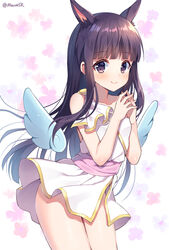  animal_ears bare_shoulders blue_wings blunt_bangs blush closed_mouth commentary cowboy_shot detached_wings dog_ears dog_girl dress extra_ears female floral_background hands_up kasumi_(princess_connect!) korean_commentary long_hair mauve own_hands_together princess_connect! purple_eyes purple_hair sash single_strap smile solo twitter_username very_long_hair white_background white_dress wings 