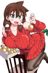  :d amano_megumi amano_megumi_wa_suki_darake! aqua_eyes artist_name black_pantyhose blush breasts brown_hair chair christmas_ornaments cleavage clothing_cutout dress female hair_between_eyes hair_over_shoulder highres holding kneeling large_breasts long_hair looking_at_viewer low_twintails nekoguchi oerba_yun_fang official_art open_mouth pantyhose red_sweater shoulder_cutout signature simple_background smile solo sweater sweater_dress thighband_pantyhose twintails white_background 