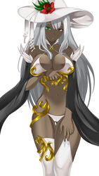  absurdres ass_visible_through_thighs bikini breasts dark-skinned_female dark_skin detached_sleeves female green_eyes grey_hair hat heterochromia highres indy_k large_breasts long_hair original red_eyes solo standing swimsuit thighhighs white_background white_bikini white_thighhighs wide_sleeves 