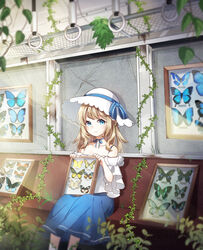  absurdres ametama_(runarunaruta5656) bare_shoulders blonde_hair blue_butterfly blue_choker blue_eyes blue_skirt bug butterfly choker closed_mouth feet_out_of_frame female frilled_sleeves frills hat hat_ribbon highres light_blush long_skirt looking_at_viewer medium_hair off-shoulder_shirt off_shoulder original ribbon ribbon_choker ruins shirt short_sleeves sitting skirt smile solo train_interior white_hair white_shirt wide_sleeves yellow_butterfly 