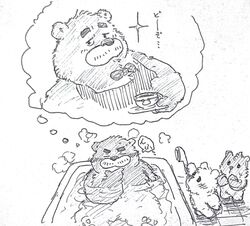  2022 anthro apron bathing bathtub bear blush bow_tie clothing dialogue drip_(kumalino) group hi_res japanese_text kemono kumalino male mammal monochrome pommn_mn roast_(kumalino) sanrio sitting speech_bubble syrup_(kumalino) text thought_bubble translation_request water 