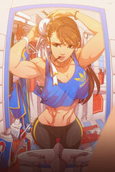  abs adidas adjusting_hair arms_up asymmetrical_hair bangle bathroom black_bra bobby_pin bra bracelet breasts brown_eyes brown_hair bun_cover casual chun-li cleavage clothes_hanger commentary cowboy_shot crop_top crop_top_overhang earrings edwin_huang english_commentary female female_pov fisheye gem hair_bun hair_down hair_ornament hairclip indoors jewelry large_breasts lips long_hair looking_at_mirror mirror mirror_image mouth_hold muscular muscular_female narrow_waist navel pants pearl_(gemstone) pearl_earrings pov product_placement seigaiha shower_curtain single_hair_bun sink sleeveless soap_bottle solo standing street_fighter tank_top thigh_gap tile_floor tiles toothbrush toothpaste underwear yoga_pants 